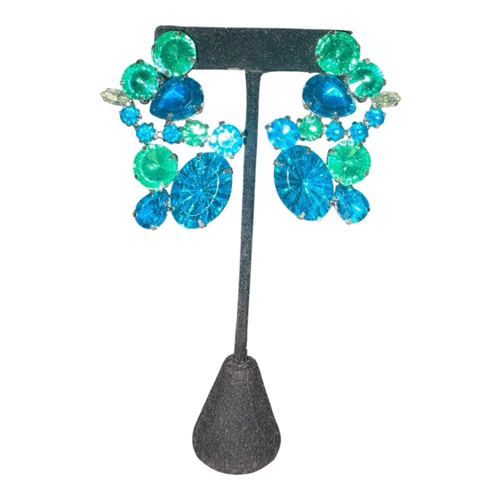 Blue Green Rhinestone Statement Drop Earrings Sil… - image 1